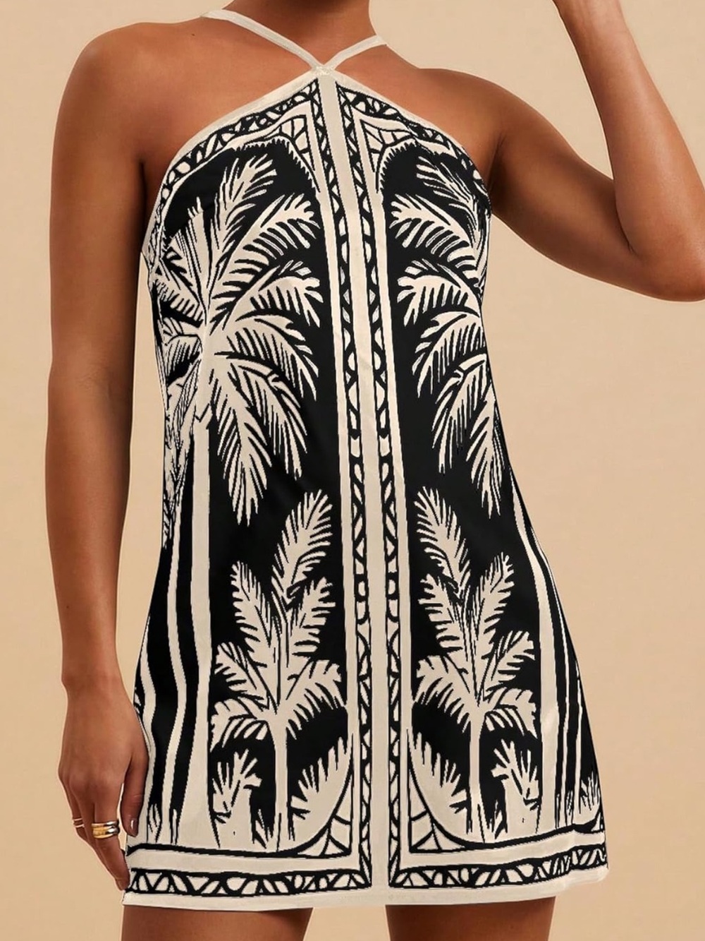Amazon Black and White Palm-Print Mini Dress